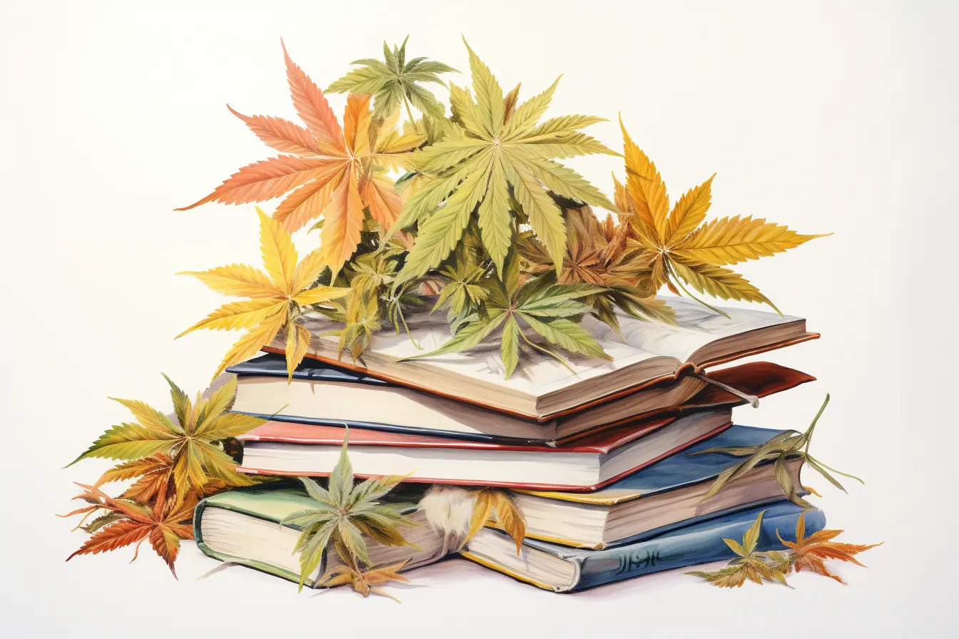 Ein Arrangement aus Büchern, akzentuiert mit Cannabisblättern.